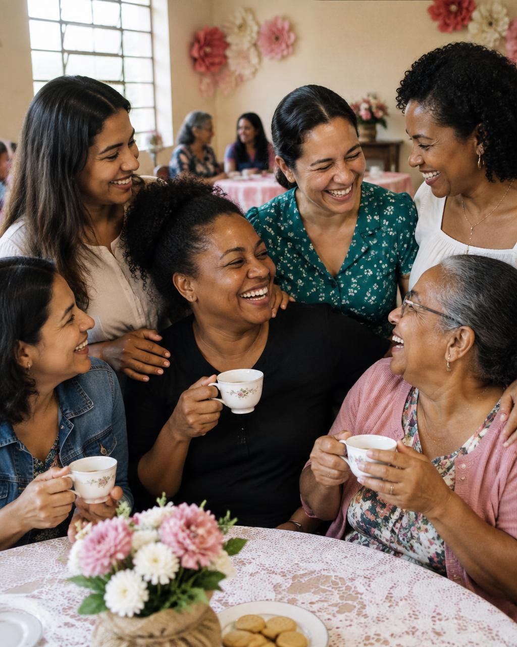 Mulheres de diferentes idades abraçadas e sorrindo com xícaras de chá em um encontro na igreja